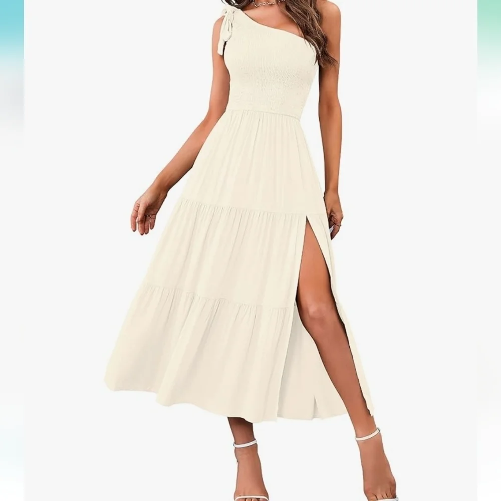 MEROKEETY One Shoulder Sleeveless Knot Smocked Midi Dress in Beige Size XL